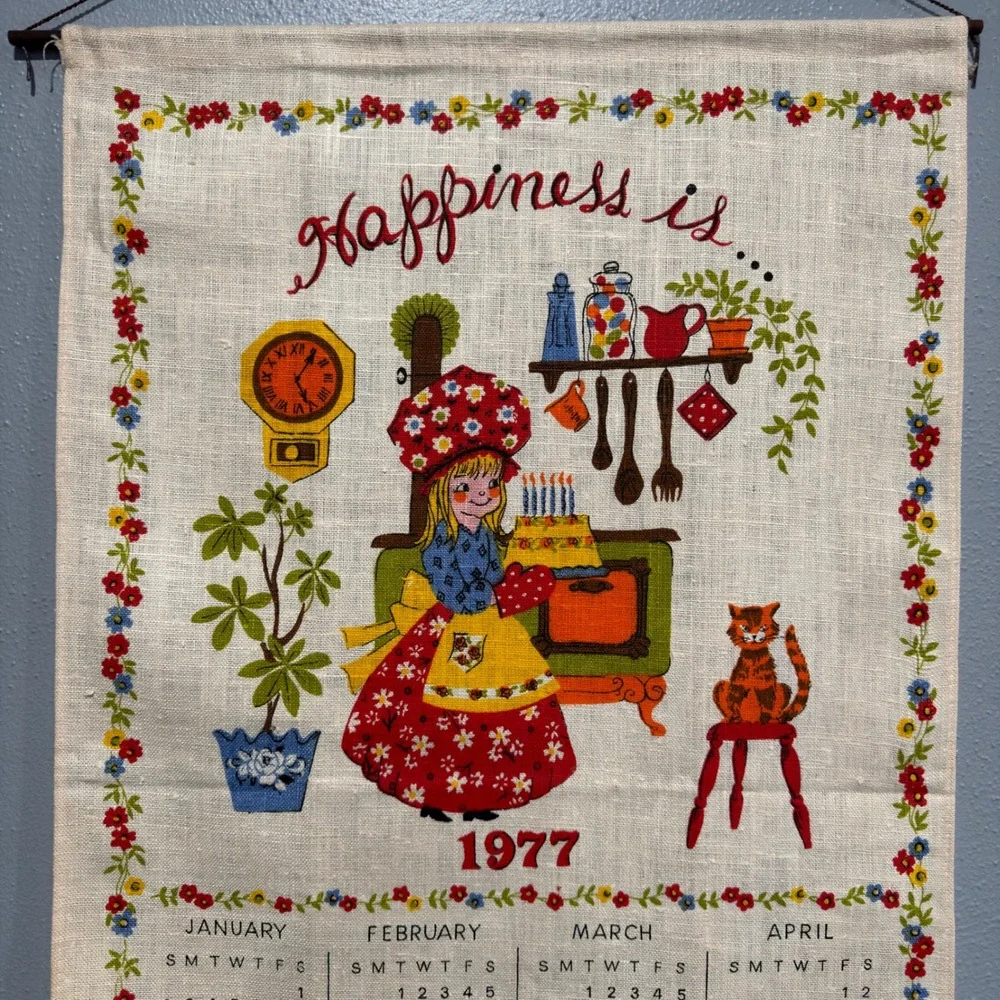 Vintage 1977 Linen Calendar Tea Towel Wall Hanging Retro Kitchen Decor 16x27